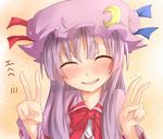  blush bow closed_eyes crescent double_v dress face hat long_hair open_mouth patchouli_knowledge purple_dress purple_hair ram_hachimin smile solo touhou v very_long_hair 