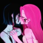 2girls alien_stage black_background black_camisole black_hair blush bob_cut camisole closed_eyes commentary cracked_skin english_commentary heart highres holding_hands kiss long_hair mizi_(alien_stage) multiple_girls oracc_liu pink_hair short_hair spaghetti_strap sua_(alien_stage) white_camisole yuri 