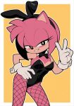 2025 5_fingers absurd_res amy_rose anthro big_eyes biped black_bow_tie black_clothing black_leotard black_nose border bow_tie breasts bunny_costume clothed clothed_anthro clothed_female clothing costume cuff_links eulipotyphlan eyelashes fake_ears fake_rabbit_ears female female_anthro fingers fishnet_clothing fishnet_leggings fishnet_legwear fur gaturo gesture gloves green_eyes half-closed_eyes hand_gesture hand_on_hip hand_on_own_hip handwear hedgehog hi_res leaning leaning_sideways leggings legwear leotard mammal multicolored_body multicolored_fur narrowed_eyes navel_outline open_mouth outline pink_body pink_ears pink_fur pointy_ears prick_ears pupils sega shirt_collar shirt_cuffs simple_background small_breasts smile solo sonic_the_hedgehog_(series) standing strapless_clothing strapless_leotard tan_body tan_fur tan_inner_ear teeth two_tone_body two_tone_fur v_sign white_border white_clothing white_gloves white_handwear white_outline white_pupils yellow_background