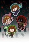  4boys absurdres axe axe_luther black_background blood blood_on_axe blood_on_clothes blood_on_face blood_on_weapon brown_hair character_name chibi dream_luther gakuran glasses green_shirt highres holding holding_axe imnotrlup luther_von_ivory male_focus multiple_boys randal&#039;s_friends round_eyewear school_uniform shirt short_hair weapon 