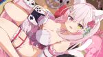  1girl :d absurdres animal_ear_fluff animal_ears bare_shoulders blurry blurry_background blush bow bow_choker braid breasts cat_ears cat_girl cat_tail choker cleavage collarbone commission controller cross-laced_clothes depth_of_field detached_sleeves dutch_angle floral_print flower frilled_thigh_strap frills game_controller hair_between_eyes hair_flower hair_ornament hairclip heart heart_hair_ornament heterochromia highres holding holding_controller holding_game_controller large_breasts long_hair looking_at_viewer multiple_tails neck_ribbon no_panties open_mouth original pink_eyes pink_hair pink_tail red_eyes red_flower red_rose ribbon ribbon_choker rose shiro9jira side_braid sitting skeb_commission smile solo sparkle tail thigh_strap thighs two_tails wariza white_choker white_ribbon yellow_eyes 