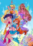  5girls aqua_eyes asian asymmetrical_shirt bare_arms bare_legs bare_shoulders black_eyes blonde_hair bloom_(winx_club) blue_arm_warmers blue_boots blue_eyes blue_flower blue_gloves blue_hairband blue_shirt blue_skirt blue_sky blue_wings blunt_bangs bodysuit boots bracer brown_hair chest_jewel clenched_hands closed_mouth commentary daisy_(flower) dark-skinned_female dark_skin day deviantart_logo deviantart_username dress elbow_gloves english_commentary eyelashes fairy fairy_wings field floating_clothes flora_(winx_club) flower flower_field full_body gem glitter gloves gold_tiara green_eyes green_gemstone green_wings grin hair_between_eyes hair_over_one_eye hair_tubes hairband hand_on_own_cheek hand_on_own_chin hand_on_own_face hand_up happy headphones high_heel_boots high_heels hood hood_up hooded_bodysuit light_blush light_particles lipstick long_hair looking_at_viewer low_twintails magical_girl makeup midriff miniskirt multicolored_hair multiple_girls musa_(winx_club) natalie_nardozza navel neck_flower orange_boots orange_flower orange_hair orange_lips orange_shirt orange_shorts outdoors own_hands_together parted_lips pink_arm_warmers pink_boots pink_dress pink_flower pink_hair pink_lips pink_shirt pink_skirt platform_boots purple_bodysuit purple_flower purple_hair shirt short_dress short_shorts shorts single_strap skirt skirt_set sky sleeveless sleeveless_shirt smile sparkle stella_(winx_club) strapless strapless_dress streaked_hair tecna_(winx_club) thigh_boots tiara transparent_wings turtleneck turtleneck_bodysuit turtleneck_shirt twintails two-tone_hair very_long_hair watermark white_flower wings winx_club yellow_gemstone 