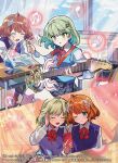  2girls anno_akira aqua_hair blue_vest book bow brown_hair cellphone classroom closed_eyes closed_mouth colored_inner_hair copyright_notice curtains desk dragon_musume_ni_naritakunai! duel_masters earphones elbows_on_table fal0811 green_eyes green_hair guitar hair_ornament hairpin hand_on_own_chin hand_on_own_ear holding holding_guitar holding_instrument holding_phone holding_plectrum indoors instrument multicolored_hair multiple_girls musical_note nagareboshi_asche official_art one_eye_closed open_book open_mouth phone plaid_clothes plaid_skirt plectrum red_bow school_desk shared_earphones shirt sitting skirt smartphone smile sparkle split_screen teeth twilight upper_teeth_only vest white_shirt window yellow_eyes 