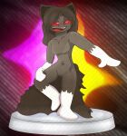 1:1 abstract_background anthro belly big_ears big_tail black_body black_fur breasts colored digital_drawing_(artwork) digital_media_(artwork) felid feline female fur grey_body grey_fur hi_res mammal nameless(twotone) navel on_one_leg podium red_eyes shaded simple_background simple_coloring simple_shading solo standing tail teeth twotone white_body white_fur