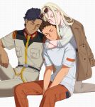  1girl 2boys blonde_hair brown_coat brown_pants buttons closed_eyes closed_mouth coat dark-skinned_male dark_skin enelous epaulettes eyewear_on_head gigi_andalusia glasses gundam gundam_hathaway&#039;s_flash hathaway_noa highres hug kenneth_sleg long_sleeves military_uniform multiple_boys orange_pants pants shirt sunglasses white_background white_shirt 