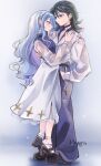  2girls bang_dream! bang_dream!_it&#039;s_mygo!!!!! black_choker black_hair black_shoes blue_background blue_eyes blue_hair chinese_commentary choker commentary_request commission earrings hand_on_another&#039;s_waist highres jewelry long_hair multiple_girls pants parted_lips purple_nails purple_pants purple_shirt ring see-through_clothes see-through_sleeves shirt shoes skirt socks standing_on_another&#039;s_feet togawa_sakiko white_shirt white_skirt white_socks yahata_umiri yoyoray20001996 yuri 
