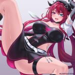  1girl :d alternate_costume asymmetrical_wings belt black_gloves black_hat black_leotard black_skirt black_wings blue_eyes blush breasts cleavage collarbone commentary detached_sleeves elbow_gloves english_commentary fang gloves grey_background hat heterochromia highres hololive hololive_english irys_(hololive) large_breasts leotard leotard_under_clothes long_hair miniskirt multicolored_hair open_mouth paid_reward_available pointy_ears puffy_short_sleeves puffy_sleeves purple_eyes purple_hair red_hair seraphim_throne short_sleeves simple_background skirt smile solo spread_legs streaked_hair thigh_strap two-tone_hair virtual_youtuber white_belt white_wings wings 