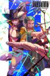  2boys commentary_request dracule_mihawk glint green_hair green_kimono hat_feather highres holding holding_sword holding_weapon japanese_clothes kawo_(kawo2525_) kimono long_sleeves looking_at_viewer male_focus multiple_boys one_eye_closed one_piece roronoa_zoro scar scar_across_eye scar_on_face sword weapon weapon_in_mouth yellow_eyes 