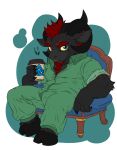 anthro athletic beverage blue_eyes bovid caprine chaze_(hunterramirez) chibi chimera clothing coffee hi_res hooves horn hunterramirez male male/male mammal muscular overalls red_eyes sheep sitting solo