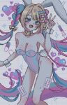  1girl :d animal_ear_hairband animal_ears blonde_hair blue_eyes blue_hair blush bow breasts chouzetsusaikawa_tenshi-chan chouzetsusaikawa_tenshi-chan_(playboy_bunny) cleavage drugs fake_animal_ears full_body grid_background hair_bow hairband heart highres looking_at_viewer multiple_hair_bows needy_girl_overdose pill pink_hair pixel_art quad_tails rabbit_ear_hairband rabbit_ears rabbit_tail reno_(re_leno) smile solo sparkle syringe tail twisted_torso v wrist_cuffs 