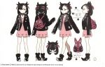  1girl asymmetrical_bangs asymmetrical_hair backpack bag black_boots black_choker black_hair black_jacket black_nails boots choker closed_mouth concept_art dress hair_ribbon hard-translated high_heels holding holding_poke_ball jacket jewelry long_sleeves looking_at_viewer marnie_(pokemon) multiple_views official_art pale_skin pink_bag pink_dress pointing_out_the_details poke_ball poke_ball_(basic) pokemon pokemon_swsh ribbon short_dress simple_background solo third-party_edit translated twintails undercut 