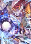  absurdres arm_blade arm_cannon armor blue_eyes cape cowboy_shot digimon digimon_(creature) energy_cannon highres horns mecha omegamon omegamon_x-antibody red_cape robot solo sword tapioka_chaso two-sided_cape two-sided_fabric weapon white_armor white_cape 