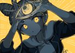  1girl :o cone_hair_bun double_bun eye_of_providence glowing glowing_eyes hair_bun hands_up highres hood hood_down hoodie jasmine_(toshi_densetsu_kaitai_center) jumpsuit limited_palette long_hair looking_at_viewer short_hair signature solo toshi_densetsu_kaitai_center triangle_hands upper_body yamada_fgm yellow_background yellow_eyes 