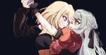  2girls absurdres bang_dream! bang_dream!_it&#039;s_mygo!!!!! black_background black_dress black_gloves black_ribbon blonde_hair blue_hair commentary_request doloris_(bang_dream!) dress eye_contact gloves hair_ribbon highres holding_hands kk_ojs korean_commentary long_hair long_sleeves looking_at_another medium_hair misumi_uika multiple_girls oblivionis_(bang_dream!) purple_eyes red_shirt ribbon shirt short_sleeves simple_background togawa_sakiko two_side_up upper_body yellow_eyes yuri 