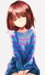  1other blue_shirt blue_shorts blunt_bangs bob_cut brown_hair closed_eyes closed_mouth collarbone commentary_request cowboy_shot facing_viewer frisk_(undertale) grey_background long_sleeves medium_hair meihahaha other_focus pink_shirt shirt shorts simple_background sitting sleeves_past_wrists solo straight-on striped_clothes striped_shirt two-tone_shirt undertale v_arms 