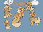 2025 ambiguous_gender anthro biped black_nose bodily_fluids canid canine closed_smile clothed clothing crying english_text eyebrows featureless_crotch fluffy fluffy_tail front_view fur hi_res mammal mouth_closed name_drop open_mouth orange_eyes pawpads paws pupils question question_mark rear_view scarf sharp_teeth smile solo standing tail tears teeth text thought_bubble white_sclera zincxiron