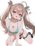  1girl absurdres ahoge all_fours alternate_costume alternate_hairstyle arm_support between_breasts bikini black_bikini black_choker black_hair black_shoes breasts brown_eyes brown_hair choker cleavage commentary crossed_bangs double-parted_bangs friend_(nanashi_mumei) front-tie_bikini_top front-tie_top full_body hair_between_eyes hana20000920 highres hololive hololive_english long_hair looking_at_viewer medium_breasts mismatched_bikini multicolored_hair nanashi_mumei navel o-ring o-ring_bikini open_mouth shoes simple_background solo streaked_hair swimsuit symbol-only_commentary teeth thigh_strap twintails upper_teeth_only virtual_youtuber white_background white_hair 