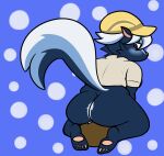 absurd_res ambiguous_gender animal_crossing anthro big_butt blue_body blue_fur blush bottomless brown_hair butt clothed clothing derpaggedon duo facesitting flat_cap fur hair hat headgear headwear hi_res human kicks_(animal_crossing) male male/ambiguous mammal mephitid nintendo pawpads paws pink_nose pink_pawpads purple_eyes raised_tail shirt simple_background sitting_on_another skunk striped_skunk stripes tail tan_clothing topwear villager_(animal_crossing) white_hair