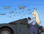  1girl ^^^ aircraft airplane animal_ear_fluff animal_ears black_gloves black_pantyhose blonde_hair blue_archive blue_eyes blue_halo blue_necktie blue_shirt blue_skirt blue_sky breasts car cargo_aircraft cocktiel77 collared_shirt contrail day dog_ears dog_girl english_commentary extra_ears from_side gloves halo holding holding_walkie-talkie ilyushin_il-76 kanna_(blue_archive) large_breasts long_hair long_sleeves motor_vehicle necktie notice_lines outdoors pantyhose parachute paratrooper parted_bangs pencil_skirt police police_car police_uniform policewoman red_dawn sharp_teeth shirt shirt_tucked_in sidelocks skirt sky standing straight_hair sweatdrop teeth walkie-talkie 