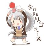 1girl :d apple arms_up black_jacket black_shoes blazer blush_stickers bow brown_sweater can chibi collared_shirt food fruit grey_hair grey_skirt hair_between_eyes hair_bow hair_ornament hairclip higuchi_kaede higuchi_kaede_(1st_costume) jacket long_hair long_sleeves lowres mole mole_under_eye necktie nijisanji on_head open_clothes open_jacket pleated_skirt ponytail purple_necktie rebecca_(keinelove) school_uniform shirt shoes simple_background skirt sleeves_past_wrists smile socks solo sweater translation_request v-shaped_eyebrows very_long_hair virtual_youtuber white_background white_bow white_shirt white_socks |_| 