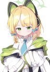  1girl absurdres animal_ear_headphones animal_ears aqua_bow aqua_necktie black_jacket blonde_hair blue_archive blush bow cat_ear_headphones cat_ears cat_tail closed_mouth collared_shirt commentary dot_nose expressionless fake_animal_ears fake_tail green_eyes green_halo green_hood green_jacket hair_bow halo hands_on_own_stomach headphones highres hood hood_down hooded_jacket jacket long_sleeves looking_at_viewer low-tied_sidelocks medium_hair midori_(blue_archive) multicolored_jacket necktie off_shoulder open_clothes open_jacket parted_bangs poking poking_self school_uniform shirt sidelocks simple_background solo tail takasu_ponu upper_body white_background white_jacket white_shirt wide_sleeves 