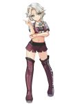 1girl absurdres akishimo_(kancolle) aqua-framed_eyewear aqua_bow aqua_bowtie asymmetrical_hair bad_source bandeau bow bowtie braid brown_hair clothes_writing commentary_request cowboy_shot cropped_jacket detached_collar gradient_hair grey_eyes grey_hair hair_ornament hair_ribbon hand_on_own_elbow highres index_finger_raised jacket kantai_collection leaf_hair_ornament looking_at_viewer midriff multicolored_hair navel purple_bandeau purple_shorts purple_thighhighs race_queen ribbon short_hair short_hair_with_long_locks shorts simple_background solo standing thighhighs white_background white_jacket white_ribbon yashin_(yasinz) 
