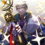  1boy ascot blue_eyes closed_mouth gloves gradient_background hagiography highres holding holding_staff jewelry looking_at_viewer male_focus purple_ascot ring roie_(yume-100) solo sparkle staff upper_body white_gloves yume_oukoku_to_nemureru_100-nin_no_ouji-sama 