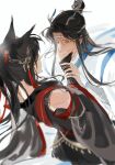  2boys absurdres alternate_costume animal_ears bare_shoulders bishounen black_gloves black_hair black_hanfu blurry bracelet chinese_clothes chinese_commentary covering_another&#039;s_mouth depth_of_field detached_sleeves dragon_boy ear_piercing eastern_dragon_horns eye_contact fingerless_gloves fox_boy fox_ears gloves hair_ornament hair_ribbon hand_on_another&#039;s_face hanfu headband highres holding_another&#039;s_wrist jewelry kemonomimi_mode lan_wangji long_hair long_sleeves looking_at_another male_focus modao_zushi multiple_boys piercing ponytail red_ribbon ribbon ring robe shenzhang10011 sidelocks simple_background sleeves_past_wrists tassel tassel_hair_ornament topknot upper_body wei_wuxian white_background white_hanfu white_headband wide_sleeves xiao_guan_(headdress) yaoi yellow_eyes 