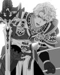  1boy absurdres arm_up armor armored_legwear belt breastplate commentary_request curtained_hair gloves highres holding holding_shield holding_sword holding_weapon knight korean_commentary looking_at_viewer lower_teeth_only mabinogi male_focus open_mouth pants pauldrons ray_(lthenray) shield shoulder_armor simple_background solo sword tabard teeth torvish_(mabinogi) wavy_hair weapon white_background 