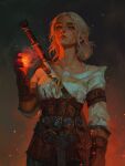  1girl absurdres brown_gloves ciri embers gloves green_eyes highres magic scar scar_on_cheek scar_on_face shirt solo tasha_tikhonova the_witcher_(series) the_witcher_3 white_hair white_shirt 