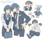  3boys 3girls bag black_jacket blazer blue_eyes blue_hair breasts chibi chibi_inset closed_mouth collared_shirt commentary_request cropped_legs dual_persona eye_of_providence fukurai_azami hand_on_another&#039;s_shoulder hand_on_own_hip highres holding holding_bag holding_phone jacket jasmine_(toshi_densetsu_kaitai_center) kisaragi_ayumi kisaragi_tsutomu long_sleeves looking_at_viewer medium_breasts meguriya_ayumu multiple_boys multiple_girls multiple_views necktie open_mouth own_hands_together pants phone reindeer shirt short_hair simple_background sitting smile spoilers standing suit tomiiri_junzo toshi_densetsu_kaitai_center toshikai-kun translation_request white_background white_shirt xinhao 