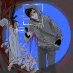  1boy bags_under_eyes black_eyes black_hair bleeding blood blood_on_clothes cry_of_fear english_text grey_hoodie hand_up highres hood hoodie impaled kerwind1200 male_focus narration people pointing shirt short_hair simon_henriksson spotlight sweatdrop syringe too_many_hands white_shirt 