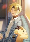  1boy :d absurdres belt belt_buckle black_headband black_shirt blonde_hair blue_jacket blush brown_belt buckle claws collared_jacket collared_shirt commentary curry_ytd denim denim_jacket fangs headband highres indoors jacket long_sleeves looking_at_viewer luca_kaneshiro luca_kaneshiro_(5th_costume) lucub_(luca_kaneshiro) male_focus neck_tattoo nijisanji nijisanji_en official_alternate_costume official_alternate_hairstyle open_clothes open_jacket open_mouth parted_bangs pole purple_eyes shirt short_hair sitting sleeves_past_wrists smile solo symbol-only_commentary tattoo teeth train_interior turtleneck virtual_youtuber white_shirt window 