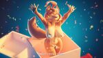 2025 5_fingers absurd_res ahoge anthro areola areola_slip birthday birthday_gift blue_background box canid canine canis confetti container convenient_censorship daws19 dog_knight_rpg domestic_dog eyes_closed female fingers fur gift gift_box hair hi_res humanoid_hands in_box in_container inner_ear_fluff maci_(ceehaz) mammal navel nude open_mouth open_smile orange_body orange_fur orange_hair pawpads pomeranian simple_background smile solo spitz standing tuft