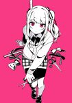  1other akiyama_mizuki arm_behind_back bow bowtie cardigan chinese_commentary closed_mouth collared_shirt commentary_request eyebrows_hidden_by_hair from_above full_body greyscale_with_colored_background hair_bow hair_ornament heart heart_hair_ornament high_contrast highres holding holding_scissors kamiyama_high_school_uniform_(project_sekai) laylayhappy loafers long_hair long_sleeves looking_at_viewer miniskirt other_focus pink_background pink_eyes plaid_clothes plaid_skirt pleated_skirt project_sekai raised_inner_eyebrows ruler school_uniform scissors shippaisaku_shoujo_(vocaloid) shirt shoes side_ponytail sidelocks simple_background skirt smile solo spot_color striped_bow swept_bangs thighhighs zettai_ryouiki 