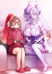  2girls :| akisame_rizu bare_legs bare_shoulders blonde_hair blue_eyes breasts chestnut_mouth cleavage closed_mouth controller demon_girl demon_horns demon_wings dress drill_hair duel_monster expressionless game_controller gamepad grey_eyes grey_hair helmet highres holding holding_controller holding_game_controller horns huge_breasts jacket jitome joy-con_2 knight_(yu-gi-oh!) lovely_labrynth_of_the_silver_castle multiple_girls multiple_wings playing_games pointy_ears red_jacket sitting sketch strapless strapless_dress thighhighs track_jacket transparent_wings twin_drills twitter_username white_dress wings yu-gi-oh! 