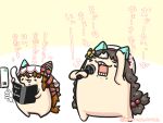  animal_ears arm_up beret blush_stickers bow braid brown_background brown_hair closed_eyes corded_phone goma_(gomasamune) hair_bobbles hair_bow hair_ornament hat highres hokko_tarumae_(umamusume) holding holding_microphone holding_phone horse_ears horse_tail long_hair low_twintails microphone multicolored_hair open_mouth phone standing star_(symbol) star_hair_ornament still_in_love_(umamusume) striped_bow tail translation_request twin_braids twintails twitter_username two-tone_background two-tone_hair umamusume veil very_long_hair white_background white_hair white_hat 