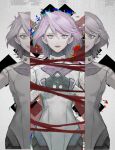  1girl ai_the_somnium_files ai_the_somnium_files:_nirvana_initiative black_gloves blood cowboy_shot dress gloves hands_up highres long_sleeves looking_at_viewer medium_hair natsunoren open_mouth outstretched_arms purple_eyes purple_hair shigure_tokiko smile solo split spoilers straight-on white_dress wide-eyed 