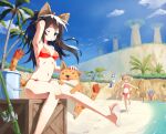  3girls animal_ears balulu_alma barefoot beach bikini black_hair blue_eyes blue_sky bow_alma breasts bucket candy dog_ears dog_girl dog_tail emil_chronicle_online food haniwa_(near) highres long_hair medium_breasts multiple_girls navel ocean one_eye_closed palm_tree pet sitting sky soles swimsuit tail tree wooden_box 
