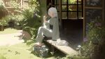  absurdres building cat closed_eyes dappled_sunlight day earrings elf flower frieren grass hand_fan highres holding holding_fan house japanese_clothes jewelry kimono long_hair nature outdoors pointy_ears porch rock sash scenery sitting sousou_no_frieren sunlight takoyoomi teardrop_earrings white_hair white_kimono 