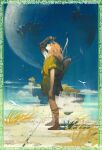  1boy absurdres ajzren ancient_greek_clothes archaic_set_(zelda) arm_up blonde_hair blue_sky border bow_(weapon) chiton cloud commentary earrings floating_rock from_side full_body gladiator_sandals greco-roman_clothes green_border highres hylian_(language) jewelry link long_hair looking_up orb pointy_ears prosthesis prosthetic_arm quiver sandals single_bare_shoulder sky solo standing symbol-only_commentary the_legend_of_zelda the_legend_of_zelda:_tears_of_the_kingdom tree weapon 