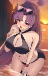  1girl absurdres bare_arms bare_shoulders bikini black_bikini blue_archive blush bracelet breasts cleavage double-parted_bangs eyewear_on_head fang flower highres jewelry large_breasts long_hair looking_at_viewer mi_taro333 multiple_bracelets navel ocean official_alternate_costume official_alternate_hairstyle open_mouth ponytail purple-framed_eyewear purple_eyes purple_hair red_flower skin_fang solo stomach sunglasses sunset sweatdrop swimsuit yukari_(blue_archive) yukari_(swimsuit)_(blue_archive) 
