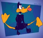 2024 3_toes 4_fingers anatid anseriform anthro arm_tuft athletic athletic_anthro athletic_male avian beak biped bird black_body black_eyes black_feathers bodily_fluids casual_nudity chest_tuft colored curvy_figure daffy_duck digital_drawing_(artwork) digital_media_(artwork) dotted_background duck feathers feet fingers gavanzude head_tuft hi_res humanoid_hands lines_drawn looney_tunes male midair nude orange_beak orange_bill orange_legs pattern_background pecs pinup plantigrade polka_dots pose saliva shoulder_tuft signature simple_background skinny slim small_waist soles solo spread_legs spread_toes spreading toes tongue tongue_out tuft veiny_feet warner_brothers wasp_waist white_sclera
