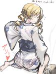  1girl ass black_panties blonde_hair blue_sash drill_hair from_behind highres japanese_clothes kimono looking_at_viewer looking_back mahou_shoujo_madoka_magica panties sash solo tomoe_mami twin_drills underwear ura47869454 white_background white_kimono yellow_eyes 