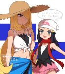  2girls :d age_difference bare_shoulders black_eyes black_hair black_shirt blonde_hair blue_sarong blush brown_hat cynthia_(pokemon) cynthia_(summer_2025)_(pokemon) dawn_(pokemon) grey_eyes hair_ornament hair_over_one_eye hairclip hat highres long_hair looking_at_another midriff multiple_girls navel nisanrei121 official_alternate_costume pink_skirt pokemon pokemon_masters_ex red_scarf sarong scarf shirt skirt sleeveless sleeveless_shirt smile sun_hat very_long_hair white_hat 