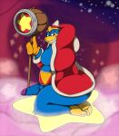 absurd_res alternate_version_at_source anthro avian beak big_butt bird blue_body bottomless butt clothed clothing crouching erection feet foreskin genitals gloves half-closed_eyes hammer hand_behind_head handwear hat headgear headwear hi_res holding_melee_weapon holding_object holding_weapon king_dedede kirby_(series) looking_at_viewer male maul melee_weapon narrowed_eyes nintendo overweight overweight_anthro overweight_male penguin penis robe sitting_on_object sky skyscape smile solo star starry_sky teeth tools waniiime warp_star weapon