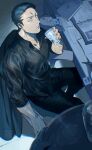  1boy 1other black_pants black_shirt blue_hair book collared_shirt commentary_request cup desk drinking_glass from_above furrowed_brow hand_up highres holding holding_cup holding_tray looking_at_viewer male_focus matsuda_ryota pants paper pov saida_(ohda_ooda) sanpaku shirt short_hair sitting solo_focus sweat toshi_densetsu_kaitai_center tray wet wet_clothes wet_shirt 