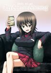  1girl absurdres alcohol beer beer_can birthday black_jacket breast_pocket breasts brown_eyes brown_hair can couch cross crossed_legs dated drink_can english_text girls_und_panzer highres holding holding_can iron_cross jacket kamishima_kanon kuromorimine_military_uniform large_breasts looking_at_viewer lower_teeth_only military military_uniform nishizumi_maho open_mouth pleated_skirt pocket red_shirt red_skirt shirt short_hair skirt solo teeth 