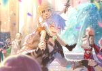  2boys 2girls aglaea_(honkai:_star_rail) animal_ears antenna_hair armor black_choker black_gloves black_shirt blonde_hair cape carrying cat_ears cat_girl cat_tail choker cipher_(honkai:_star_rail) clawed_gauntlets closed_eyes coat commentary dress fingerless_gloves fountain gloves highres holding holding_unworn_clothes holding_unworn_dress honkai:_star_rail honkai_(series) hood hood_up laurel_crown multiple_boys multiple_girls mydei_(honkai:_star_rail) neck_tattoo outdoors parted_bangs pauldrons phainon_(honkai:_star_rail) red_cape shirt short_hair shoulder_armor shoulder_carry single_glove single_pauldron sun_symbol sun_tattoo sword tail tanemaki_monaka tattoo unworn_dress weapon white_coat white_dress white_hair wooden_sword yellow_eyes 