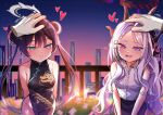  2girls ahoge black_hair black_halo black_skirt blue_archive breasts china_dress chinese_clothes demon_girl demon_horns demon_wings dragon_print dress grey_halo halo headpat heart highres hina_(blue_archive) horns i-nn kisaki_(blue_archive) long_hair looking_at_viewer multiple_girls purple_eyes shirt skirt sky small_breasts twilight white_hair white_shirt wings 